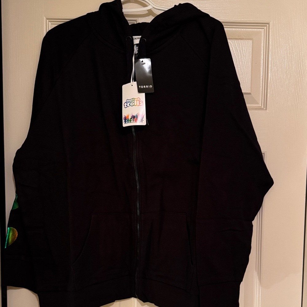 Torrid Black Zip-Up Hoodie with Colorful Trolls Design Size 3X